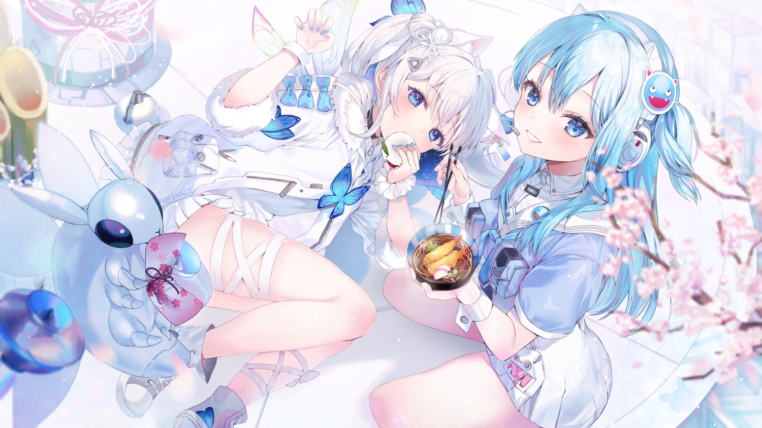 2girls, animal_ears, aqua_hair, blue_eyes, blush, dabi_(dabibubi), flowers, food