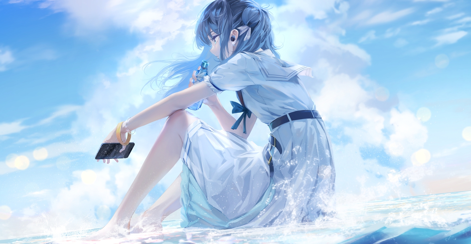 aritsuno, blue_hair, clouds, dress, drink, headphones, hololive, hoshimachi_suisei