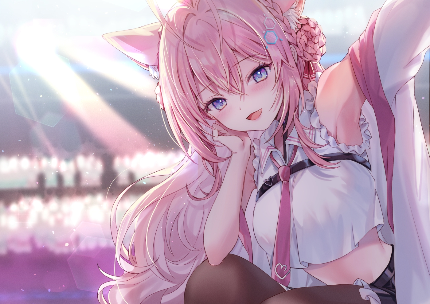 animal_ears, blue_eyes, blush, braids, cat_smile, dabi_(dabibubi), fang, hakui_koyori