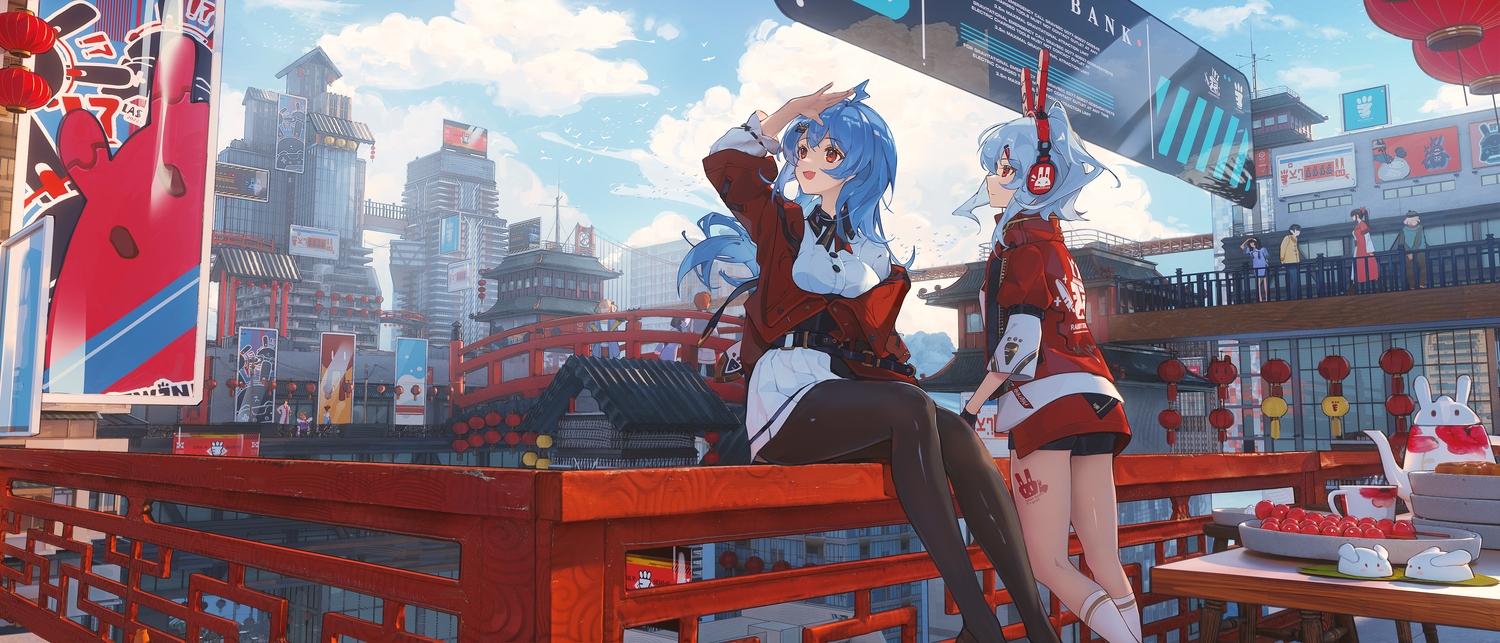 2girls, bili_bili_douga, bili_girl_22, bili_girl_33, blue_hair, brown_eyes, building, caaaaarrot
