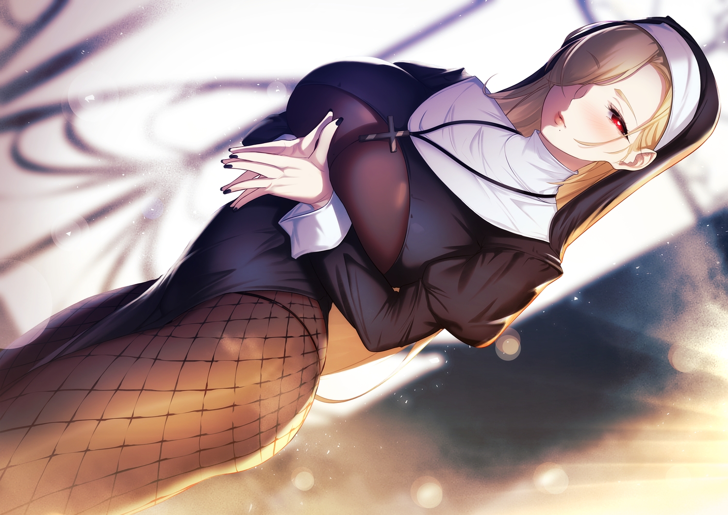 blonde_hair, blueorca, blush, breast_hold, breasts, cross, headdress, long_hair, nun, original, pantyhose, red_eyes