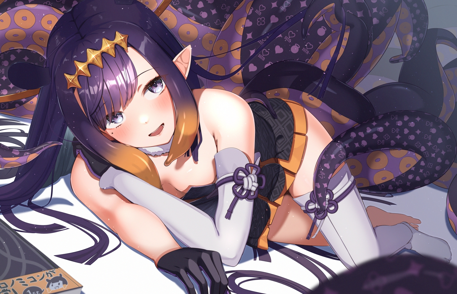 book, gloves, hololive, long_hair, ninomae_ina'nis, pointed_ears, purple_eyes, purple_hair, ringopan, tentacles, thighhighs