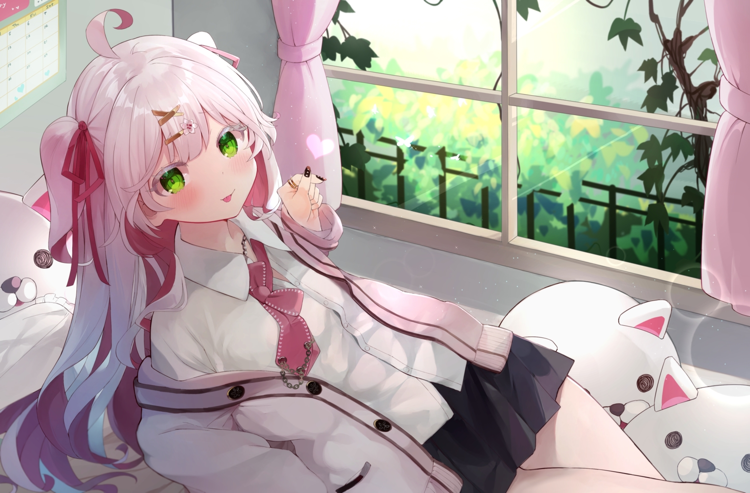 bed, blush, eureka_814, freetime, green_eyes, long_hair, pink_hair, saikawa_hayuri
