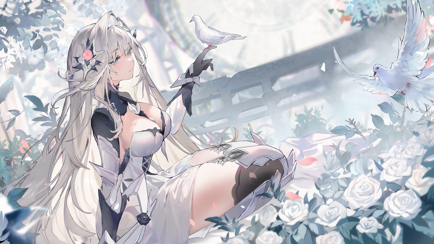 animal, bianca_(pgr), bird, blue_eyes, breasts, cleavage, dress, flowers, gray_hair, long_hair, punishing:_gray_raven, rose, thighhighs, yanderenasa, zettai_ryouiki