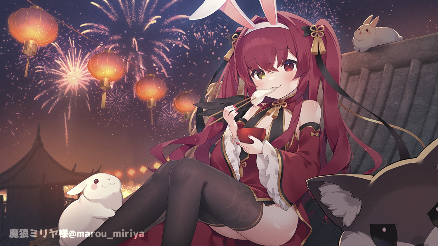animal, animal_ears, bicolored_eyes, blush, building, bunny_ears, bunnygirl, cat_smile, chinese_clothes, chinese_dress, dress, fang, fireworks, food, headband, marou_miriya, night, nyasunyadoora, rabbit, ribbons, sky, thighhighs, twintails, waifu2x, wings