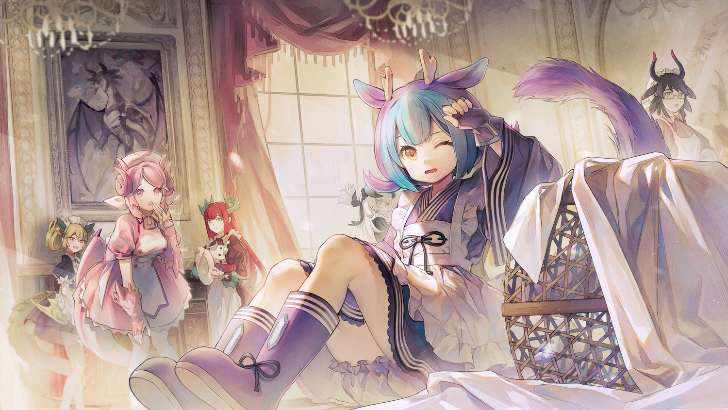 18_(backstreetno18), animal_ears, apron, bloomers, chamber_dragonmaid, green_hair, headdress, horns, house_dragonmaid, kitchen_dragonmaid, laundry_dragonmaid, long_hair, maid, nurse, nurse_dragonmaid, parlor_dragonmaid, pink_eyes, pink_hair, red_hair, short_hair, tail, yellow_eyes, yu-gi-oh