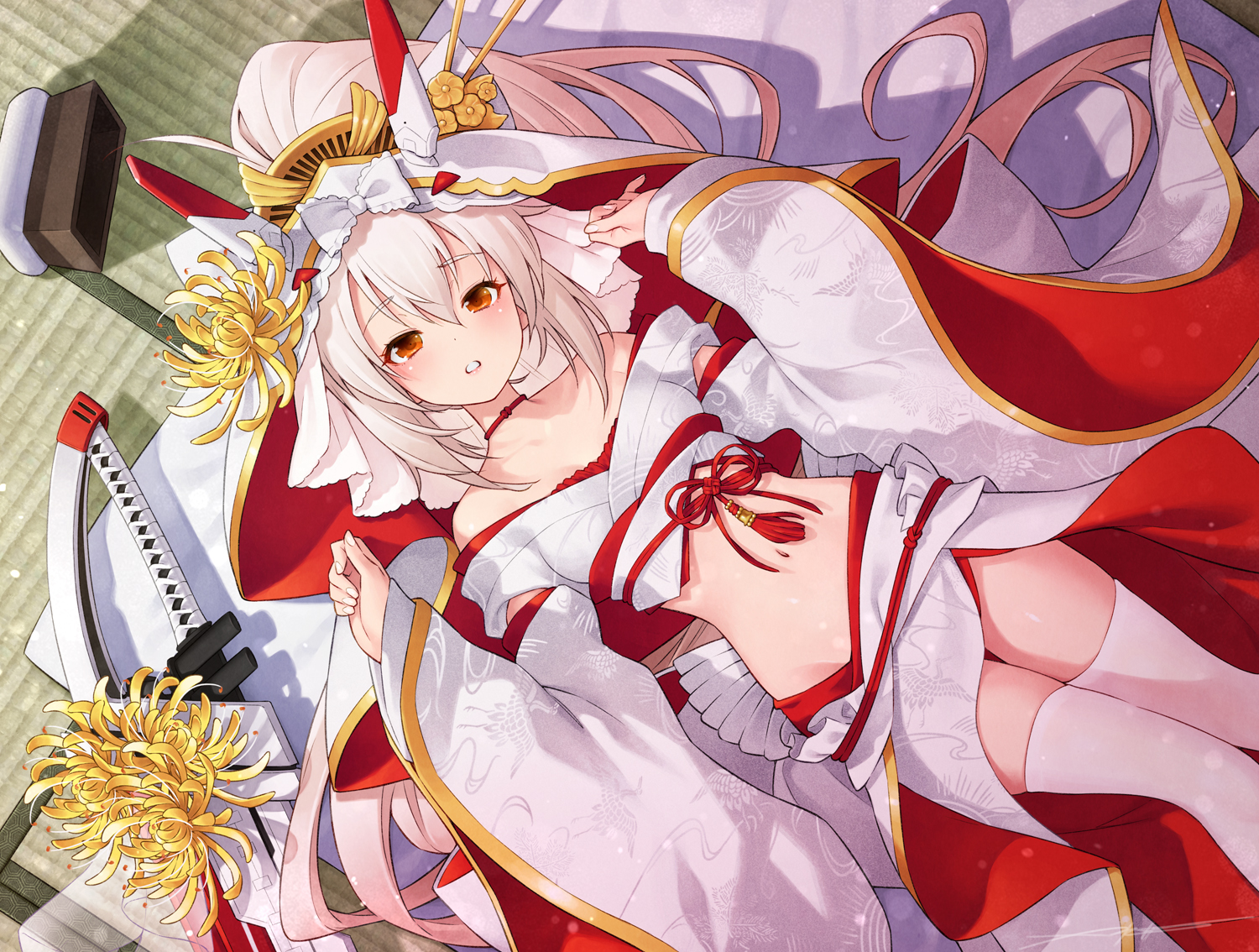 anthropomorphism, ayanami_(azur_lane), azur_lane, gray_hair, japanese_clothes, katana, kazuma_muramasa, long_hair