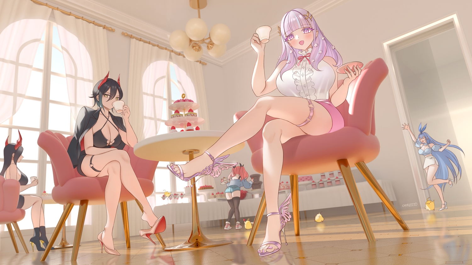 3d, animal, anthropomorphism, azur_lane, bird, black_hair, blue_hair, bremerton_(azur_lane), drink, food, friedrich_der_grosse_(azur_lane), garter, group, horns, long_hair, manjuu_(azur_lane), new_jersey_(azur_lane), pink_hair, plymouth_(azur_lane), purple_eyes, purple_hair, short_hair, signed, thighhighs, twintails, ulrich_von_hutten_(azur_lane), zzo_(chorizzzzo)