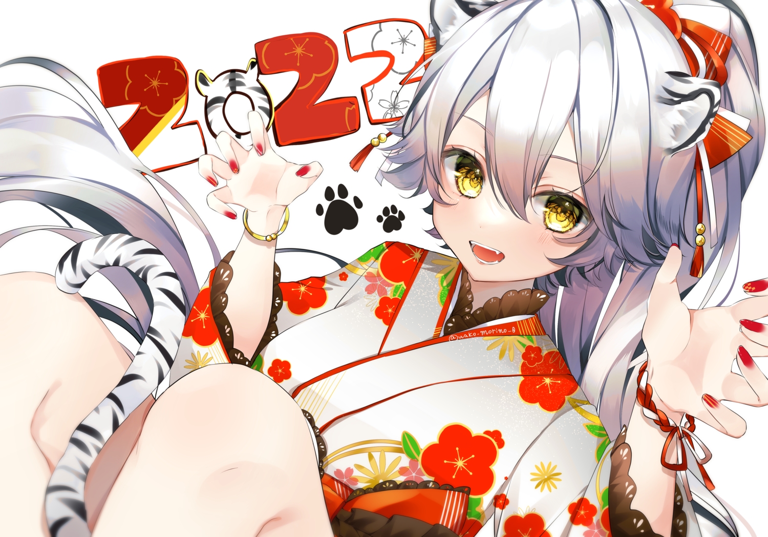 blush, catgirl, close, fang, gray_hair, japanese_clothes, kimono, original