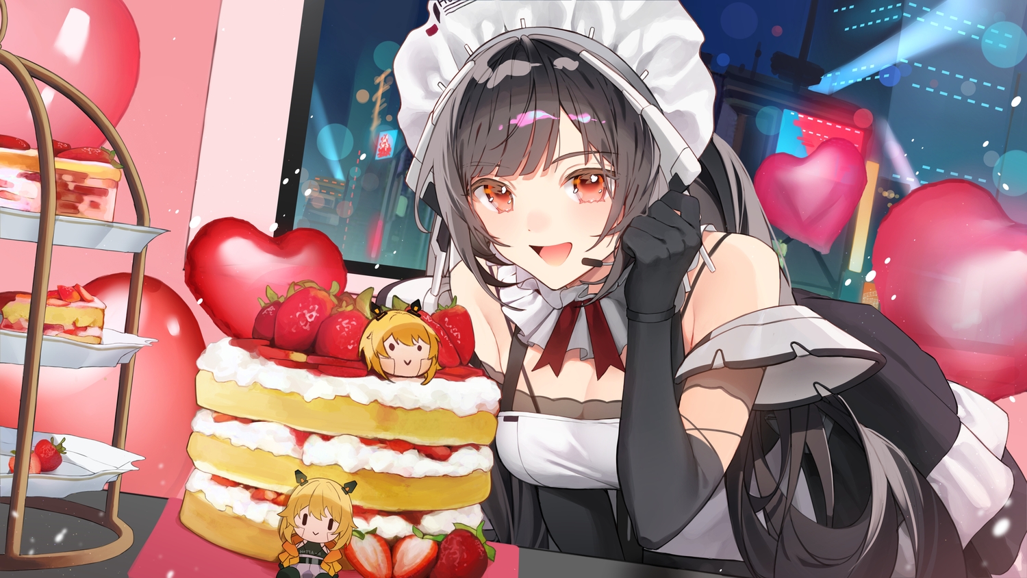 annabella_(tower_of_fantasy), black_hair, building, cake, city, elbow_gloves, food, fruit, gloves, headband, long_hair, maid, microphone, red_eyes, shotgunman, strawberry, tower_of_fantasy