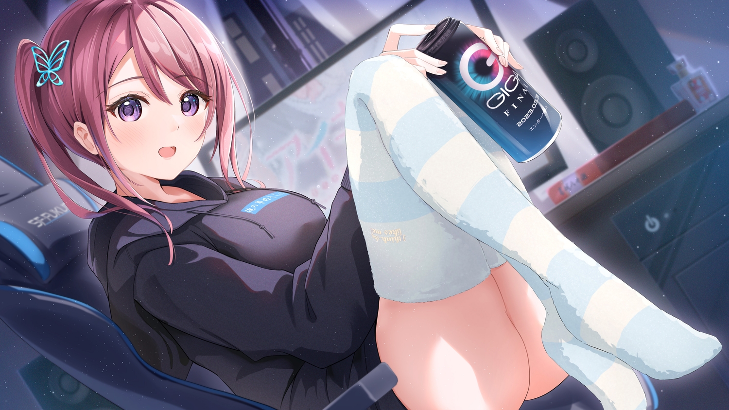 ai_kiss, ai_kiss_3, blush, computer, drink, fujinomiya_rio, hood, katsuragi_nanase, long_hair, ponytail, purple_eyes, red_hair, thighhighs