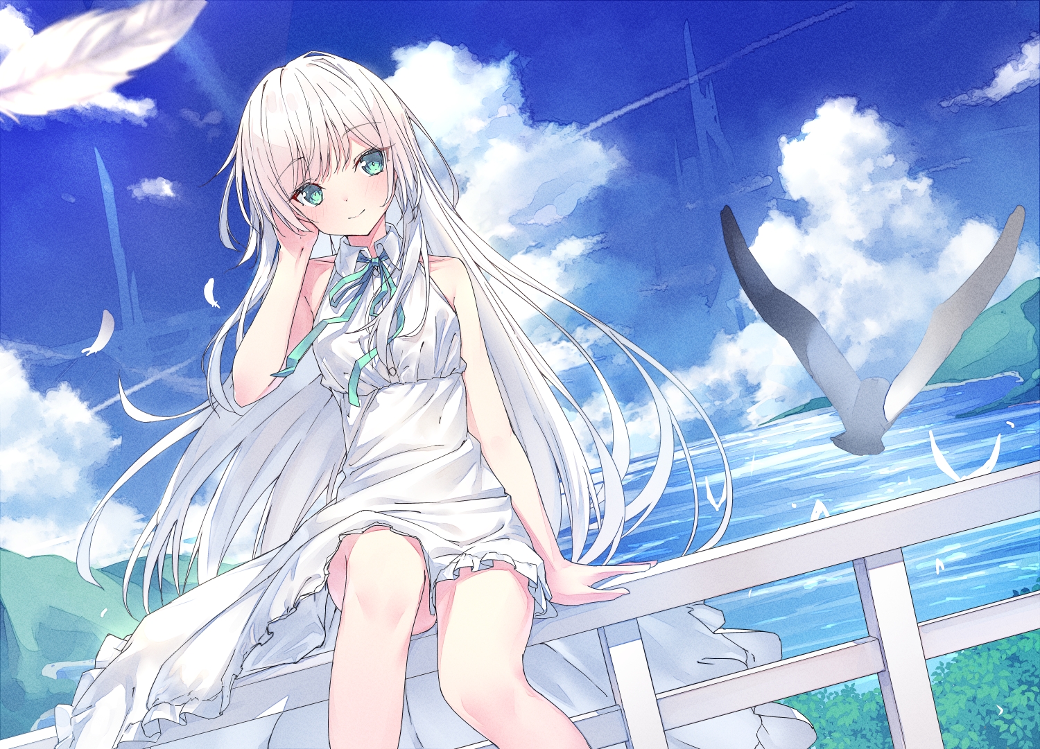 aliasing, animal, bird, bow, clouds, dress, green_eyes, long_hair