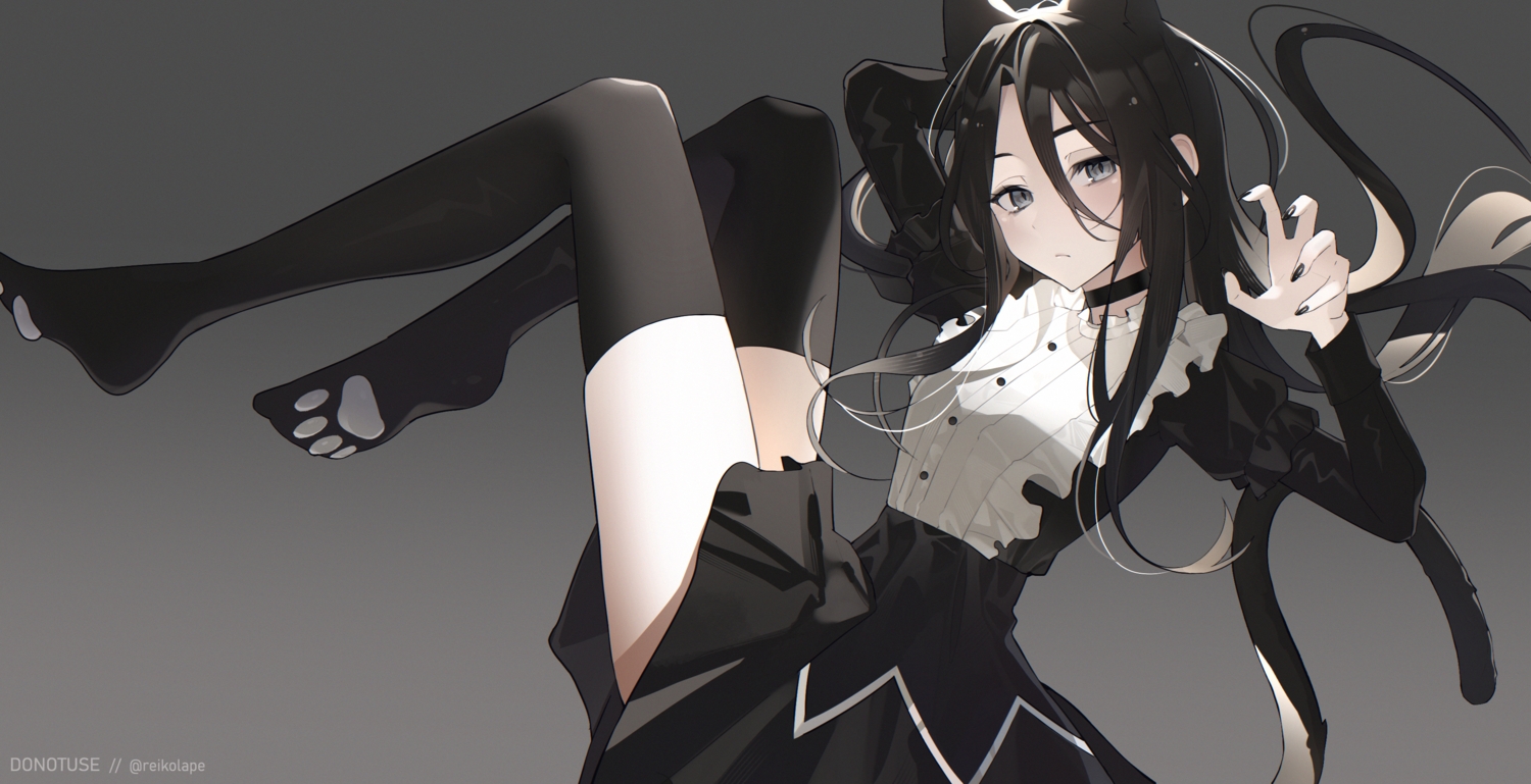animal_ears, black_hair, catgirl, choker, dress, goth-loli, gradient, gray