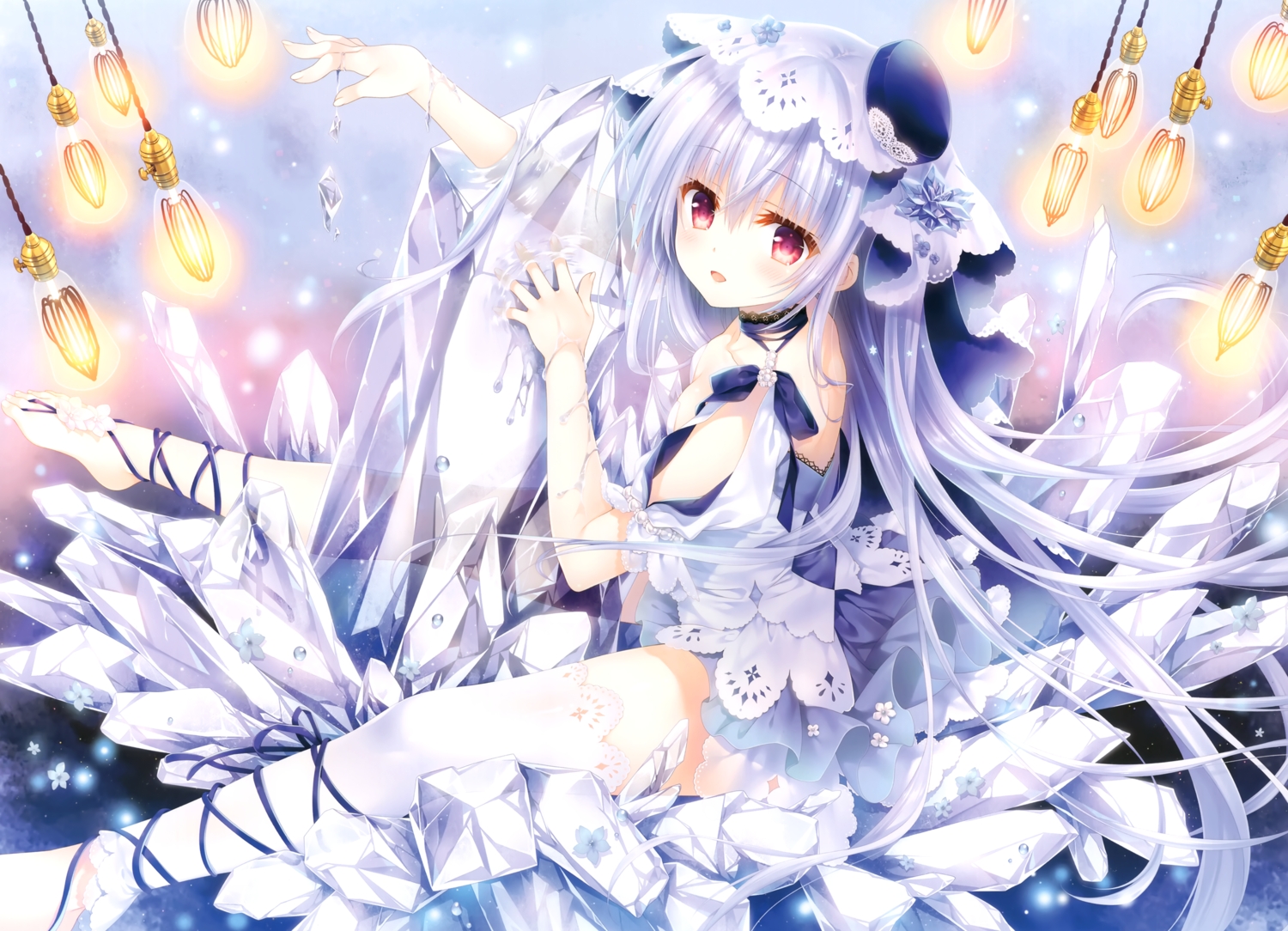 blush, cropped, long_hair, scan, tatekawa_mako, thighhighs, white_hair