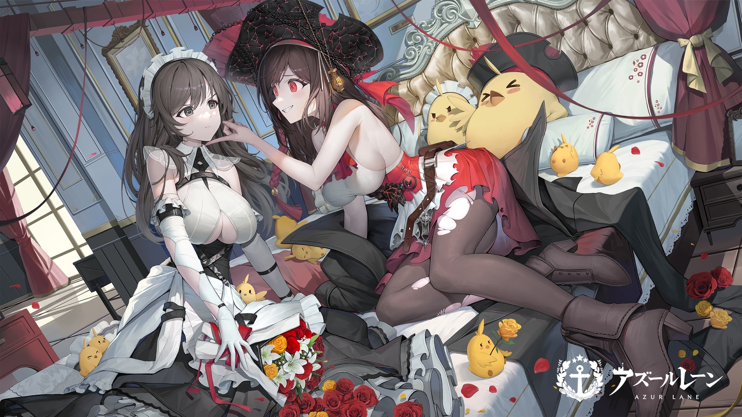2girls, animal, anthropomorphism, azur_lane, bed, bird, breasts, brown_eyes, brown_hair, charybdis_(azur_lane), cleavage, dress, flowers, hat, logo, long_hair, maid, manjuu_(azur_lane), pantyhose, petals, pirate, red_eyes, rose, royal_fortune_(azur_lane), shoujo_ai, sideboob, soho_(user_dphk5745), torn_clothes