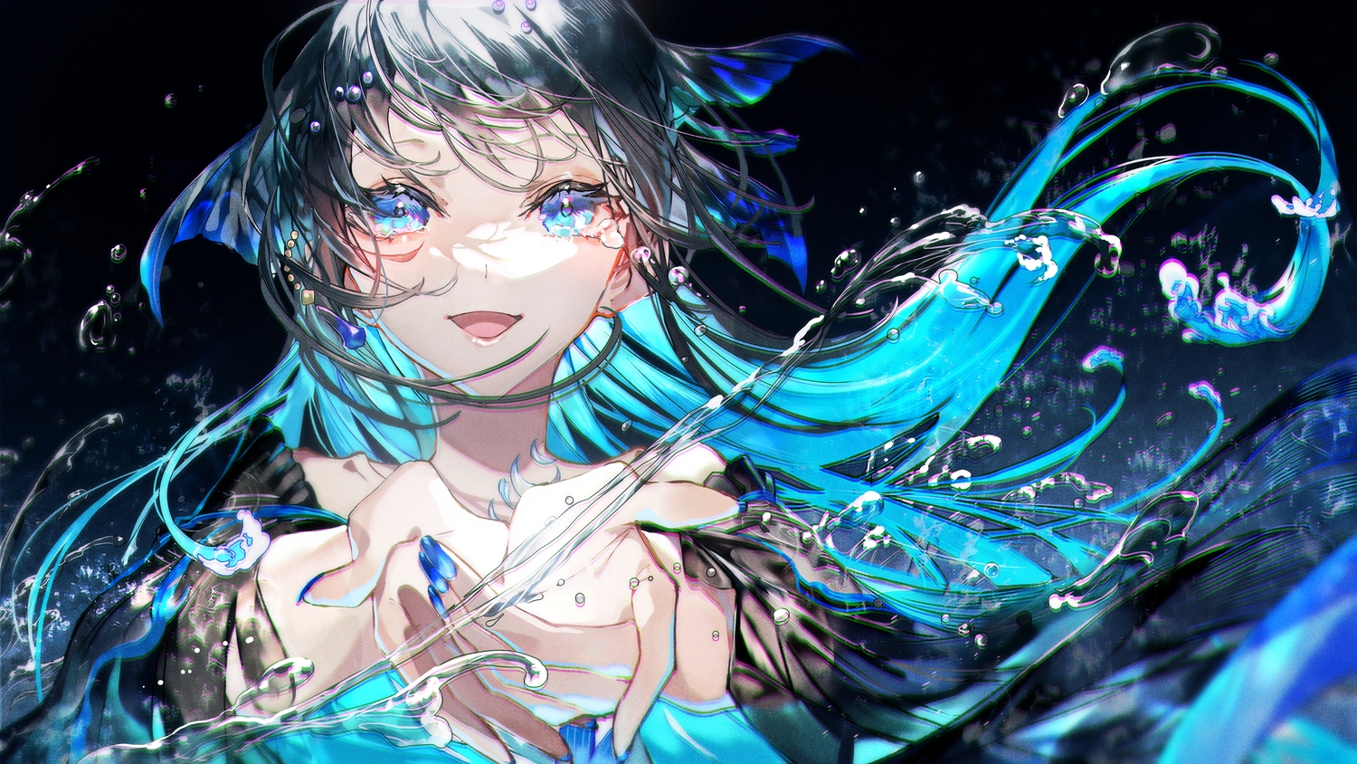 aqua_eyes, aqua_hair, black_hair, close, long_hair, mura_karuki, original, water