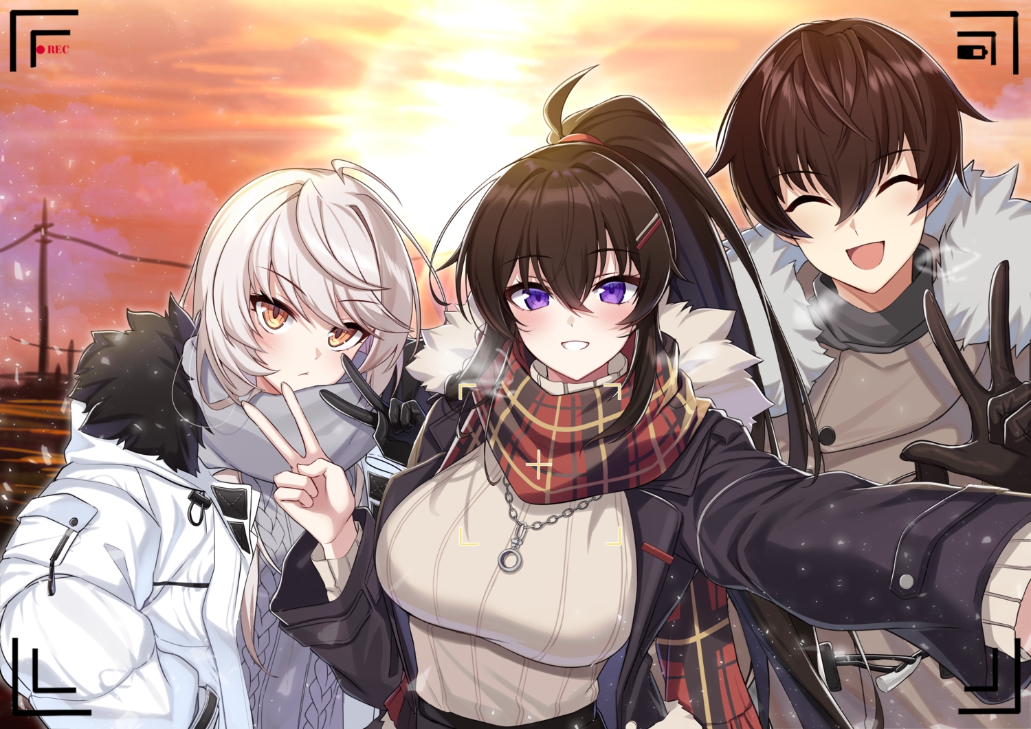 brown_hair, camera, close, clouds, counter:side, gloves, gray_hair, hilde_(counter:side)