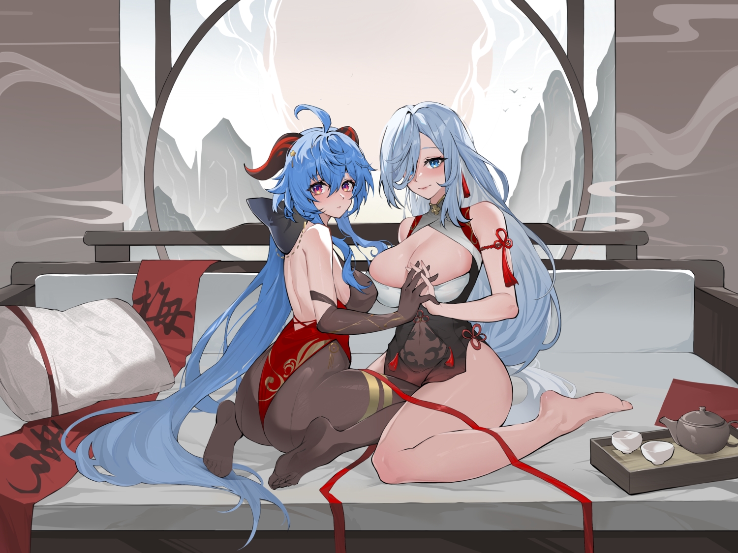 2girls, ass, barefoot, blue_eyes, blue_hair, breasts, chinese_clothes, chinese_dress, cleavage, couch, dress, drink, ganyu_(genshin_impact), genshin_impact, gray_hair, horns, long_hair, no_bra, paradox_(parapa), shenhe_(genshin_impact)