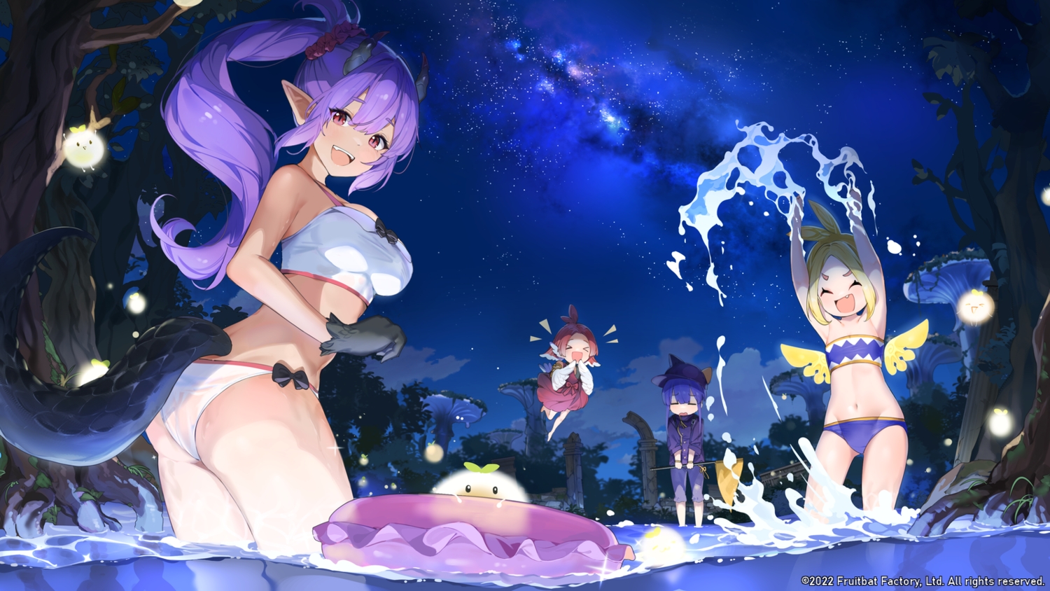 100_percent_orange_juice, ass, bikini, blonde_hair, cook_(orange_juice), ellie_(orange_juice), group, halena_(orange_juice), loli, long_hair, lulu_(orange_juice), navel, night, pointed_ears, ponytail, purple_hair, red_eyes, sky, stars, swim_ring, swimsuit, tail, tree, water, wings, yamano_(yamanoh)