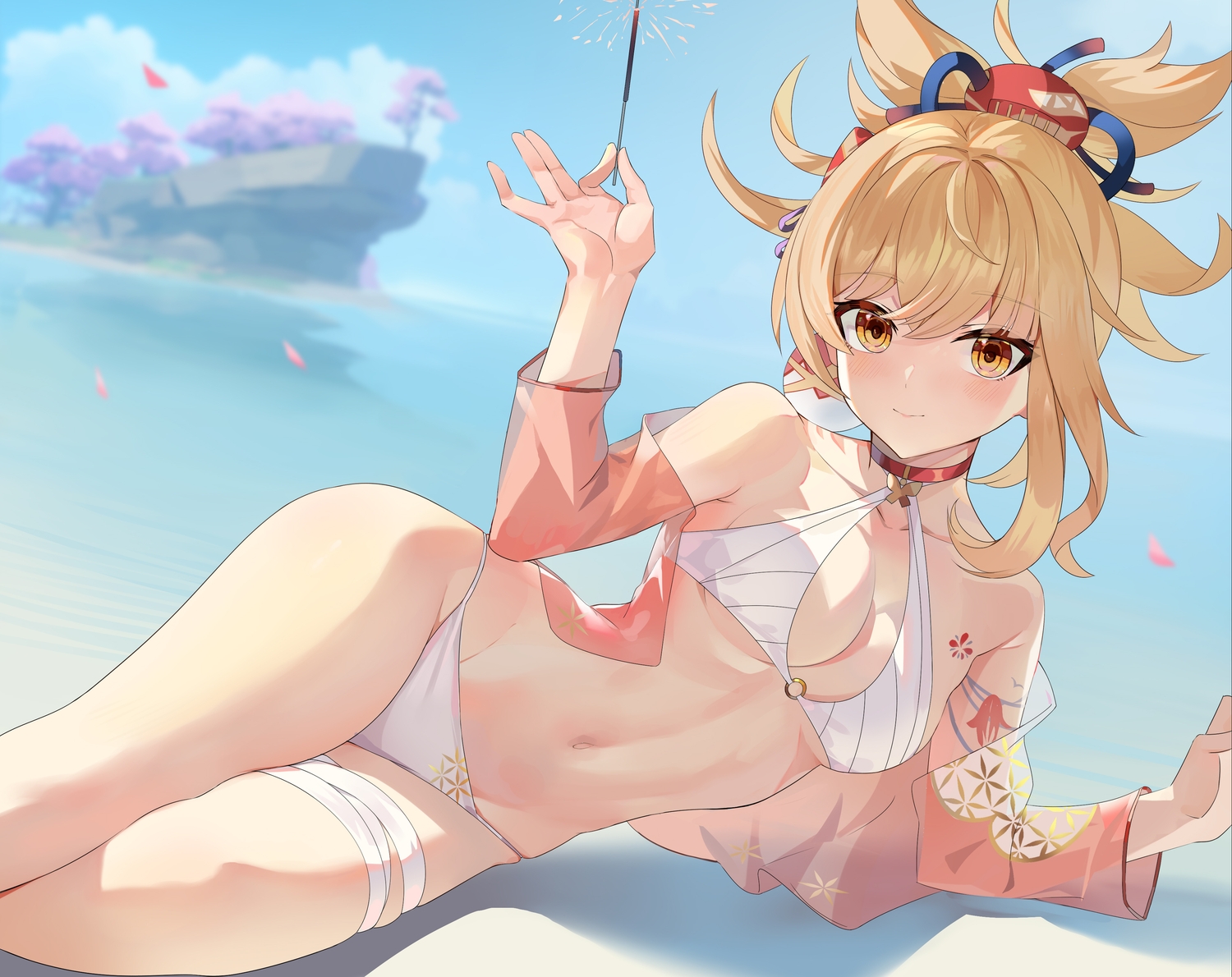 bandage, bikini, blonde_hair, brown_eyes, choker, fireworks, genshin_impact, navel, open_shirt, swimsuit, xila_qian_tang_shi, yoimiya_(genshin_impact)
