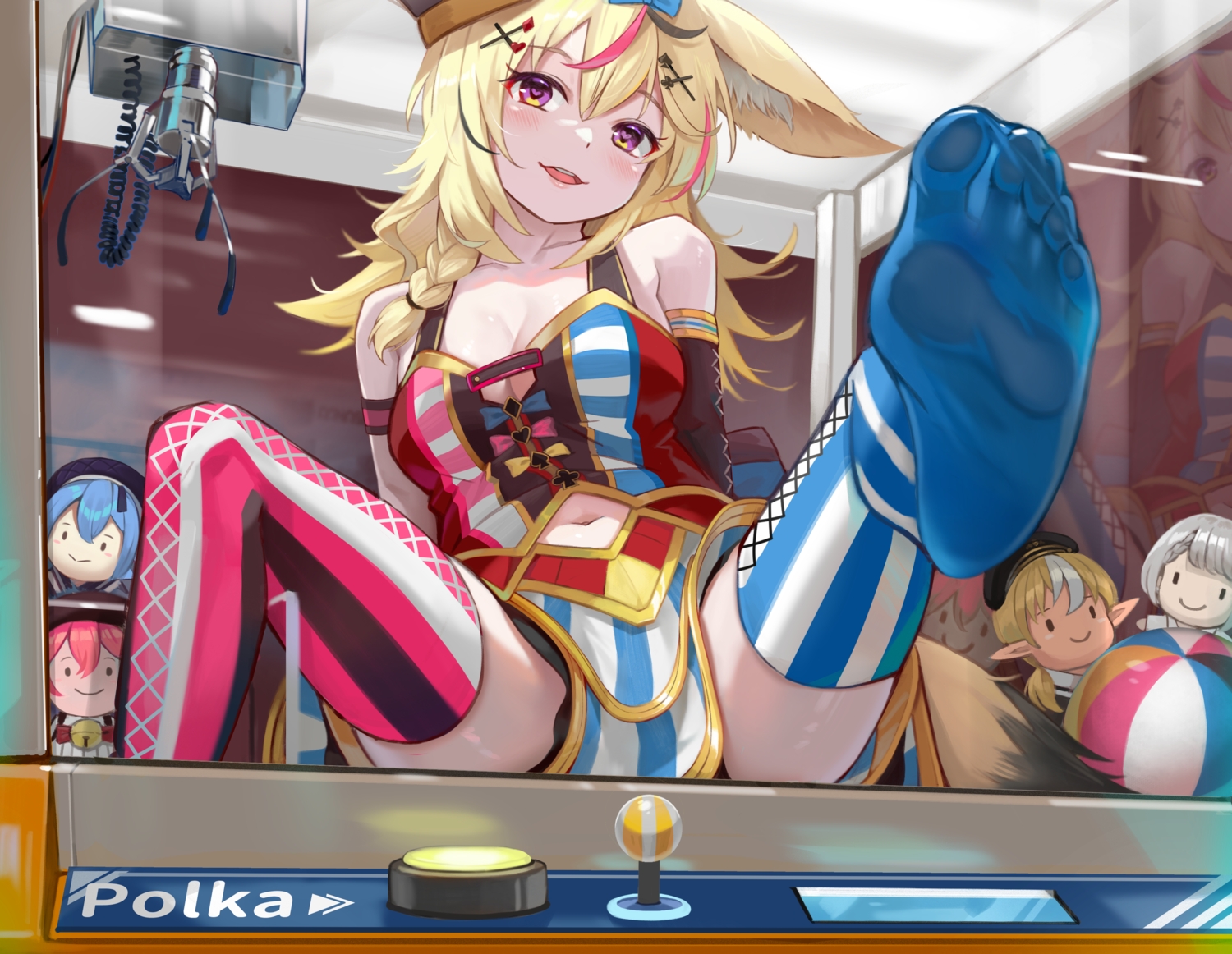 animal_ears, blonde_hair, blush, braids, breasts, cleavage, doll, foxgirl