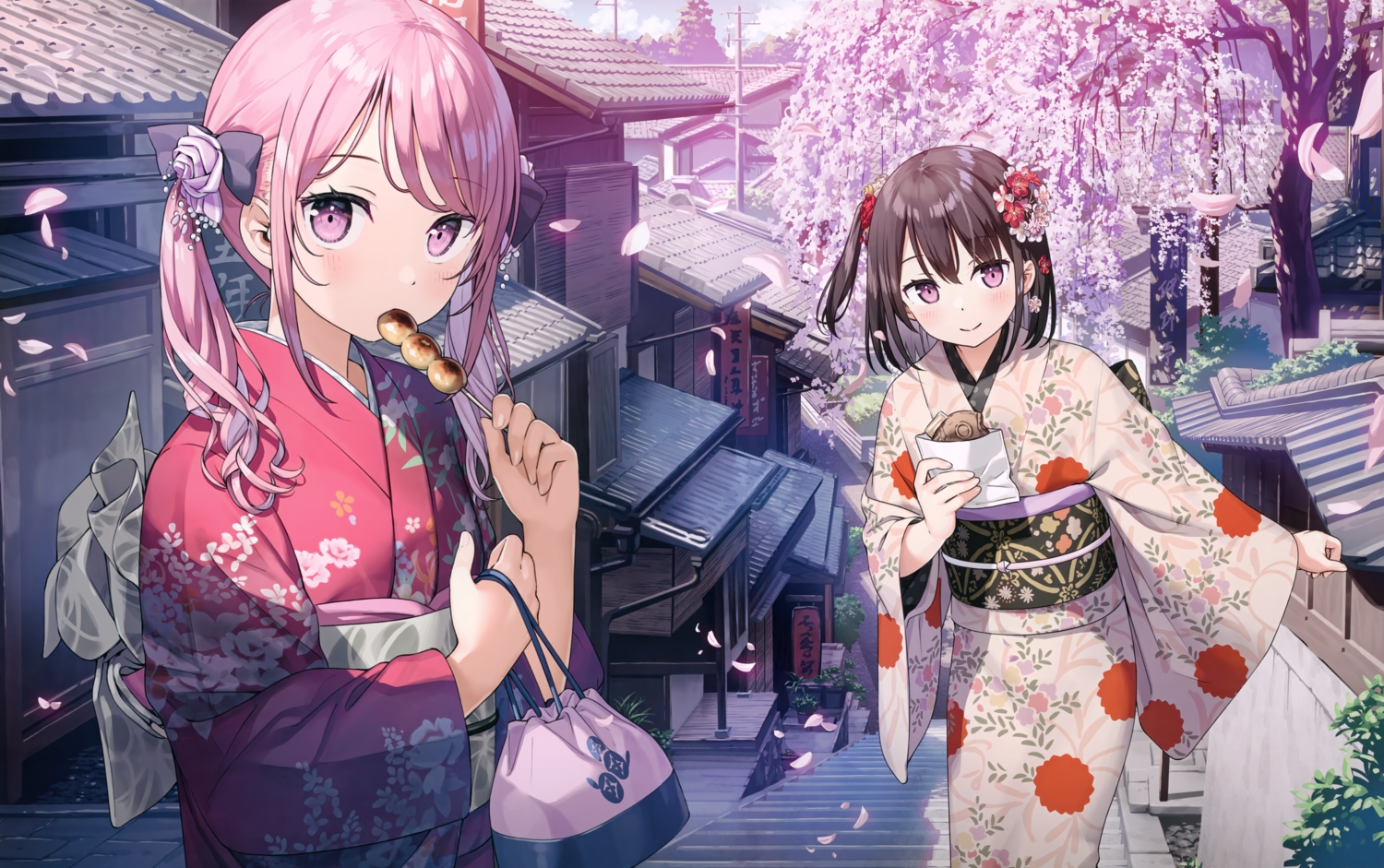 2girls, brown_hair, building, cherry_blossoms, city, cropped, flowers, food