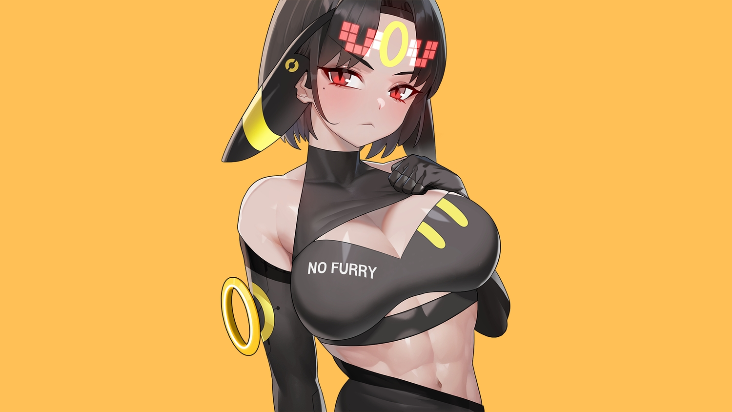 animal_ears, anthropomorphism, black_hair, breast_hold, breasts, cleavage, close, drunkoak, elbow_gloves, gloves, navel, orange, pokemon, red_eyes, short_hair, skintight, umbreon