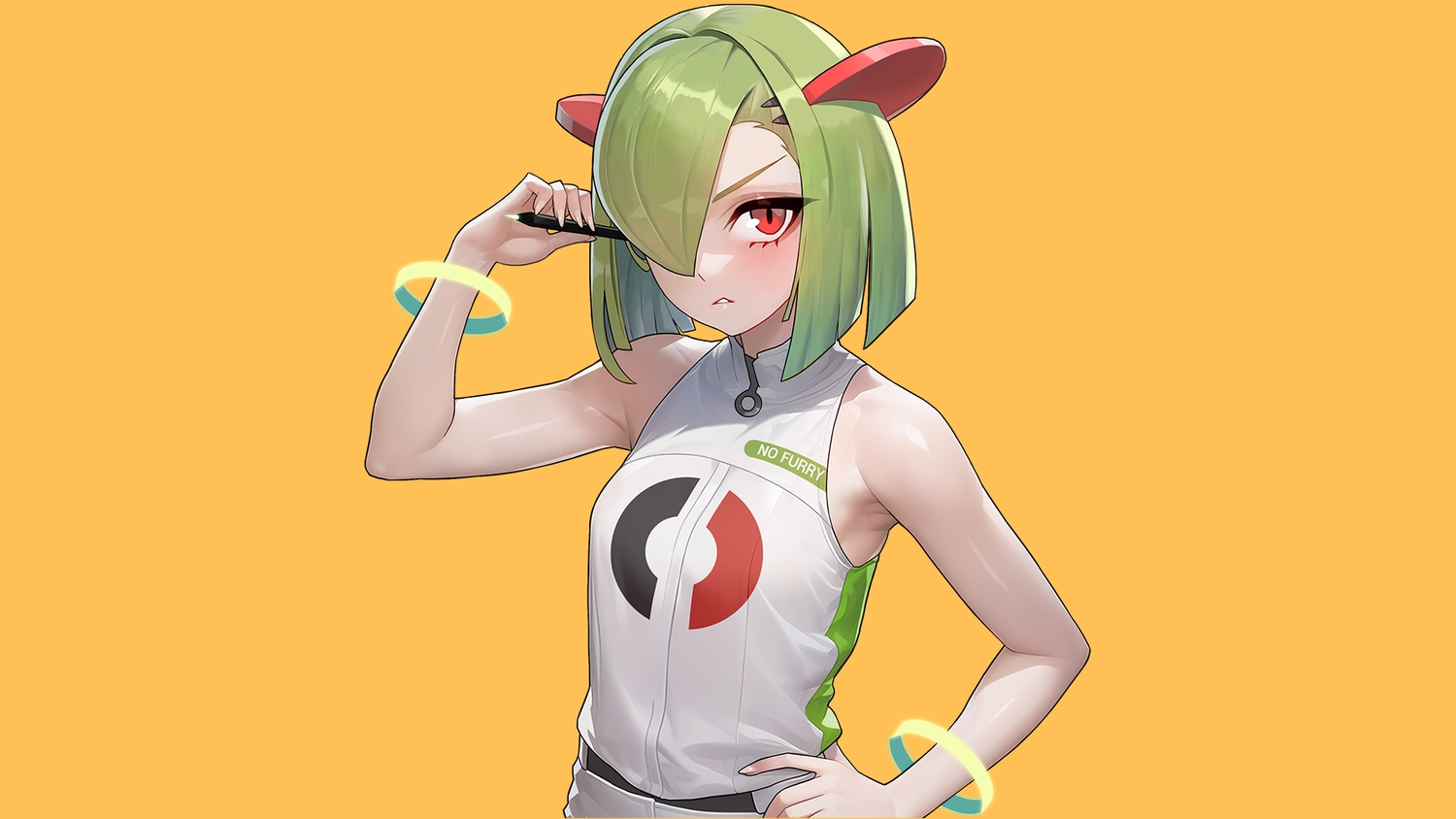 anthropomorphism, close, drunkoak, gardevoir, green_hair, orange, pokemon, red_eyes, short_hair, wristwear