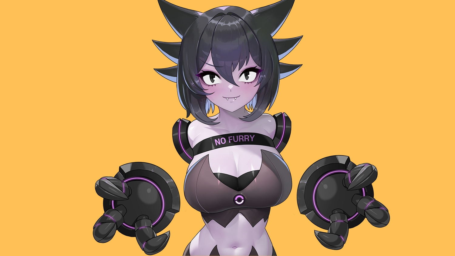 anthropomorphism, black_eyes, black_hair, breasts, cleavage, drunkoak, fang, haunter, navel, orange, pokemon, short_hair, techgirl
