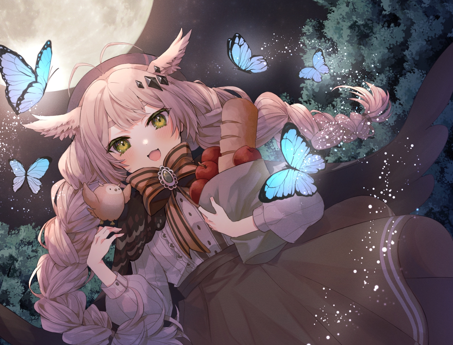 animal_ears, blush, bow, braids, butterfly, cat_smile, dress, fang