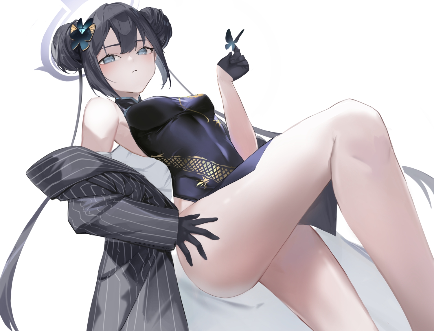 black_hair, blue_archive, butterfly, chinese_clothes, chinese_dress, dress, gloves, halo, hanasawa_(pixiv53877974), long_hair, nopan, ryuuge_kisaki, twintails