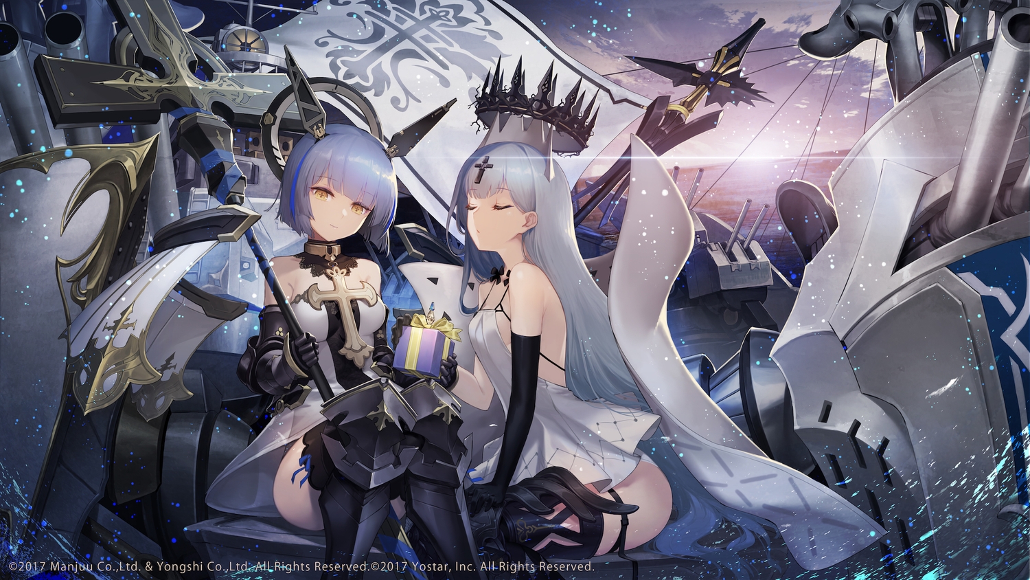 2girls, anthropomorphism, armor, azur_lane, champagne_(azur_lane), clouds, gascogne_(azur_lane), gray_hair