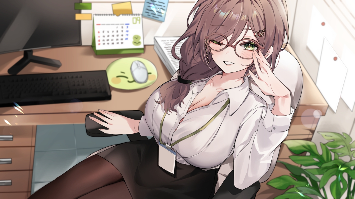 braids, breasts, cleavage, computer, green_eyes, hailiu, long_hair, miori_celesta, pantyhose, ponytail, skirt, wink