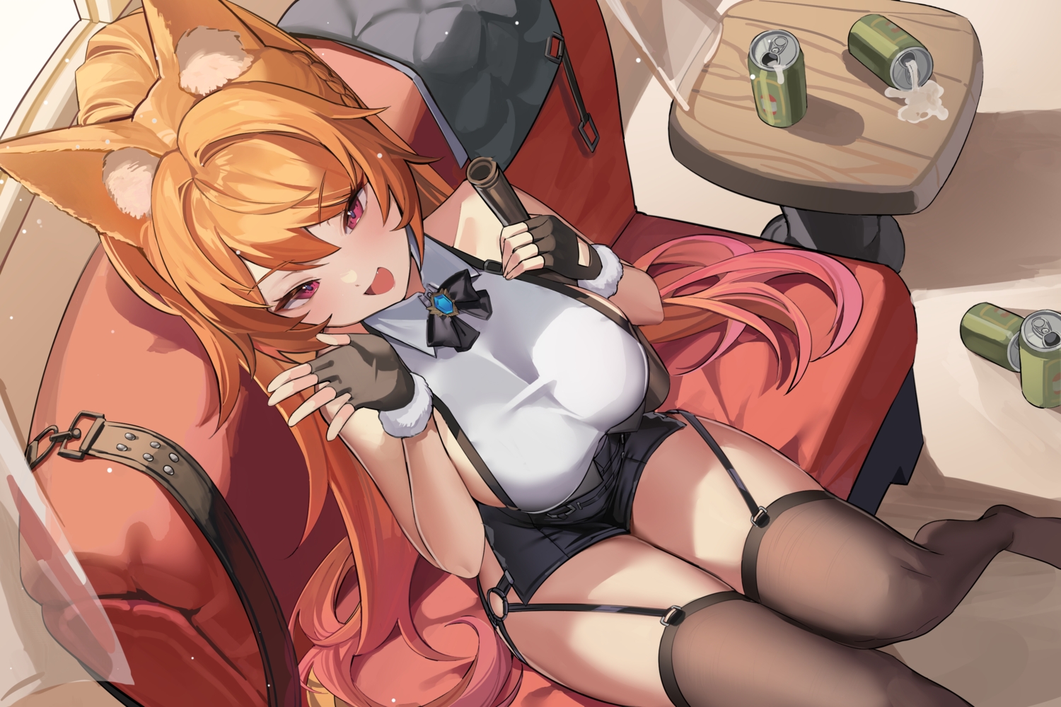 animal_ears, drink, ellin_meiji, fang, foxgirl, gloves, long_hair, mendou_kusai, orange_hair, original, red_eyes, stockings