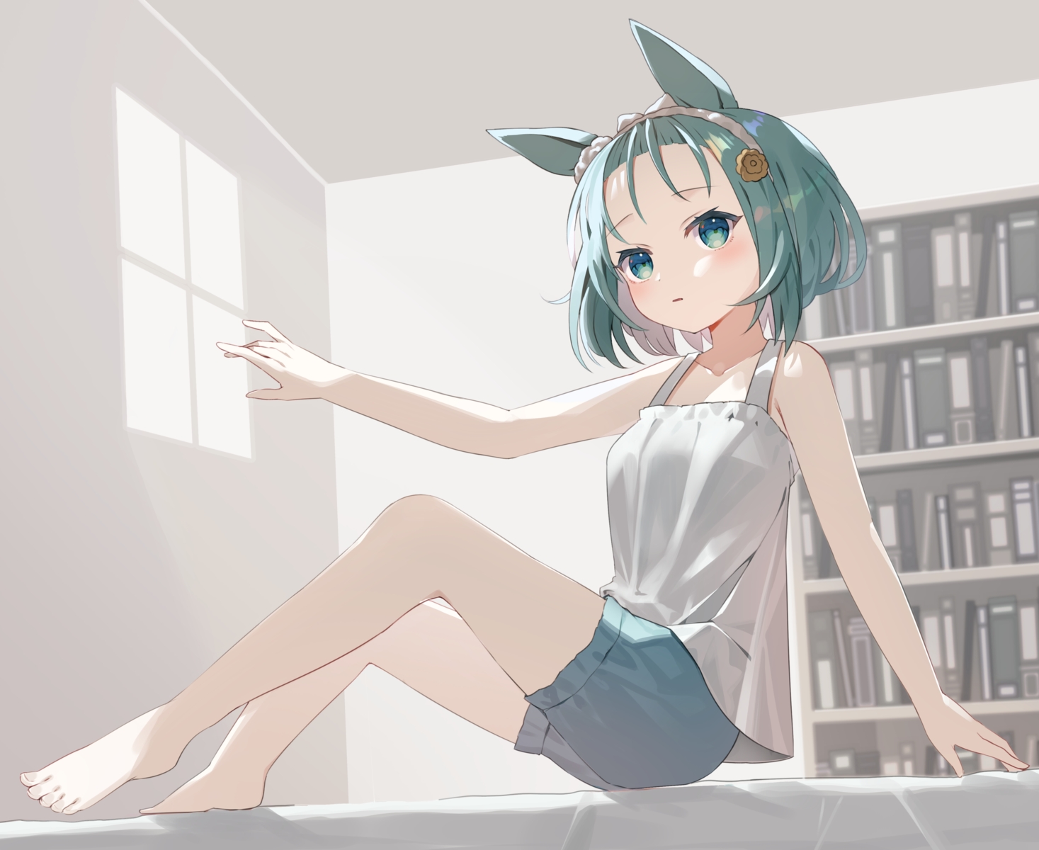 agaki_anko, animal_ears, anthropomorphism, barefoot, bed, green_eyes, green_hair, headband