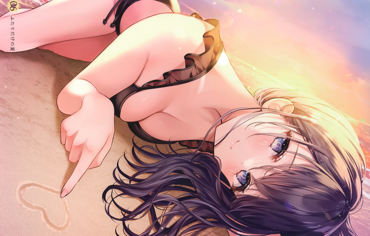 beach, bikini, black_hair, blush, breasts, cleavage, close, clouds