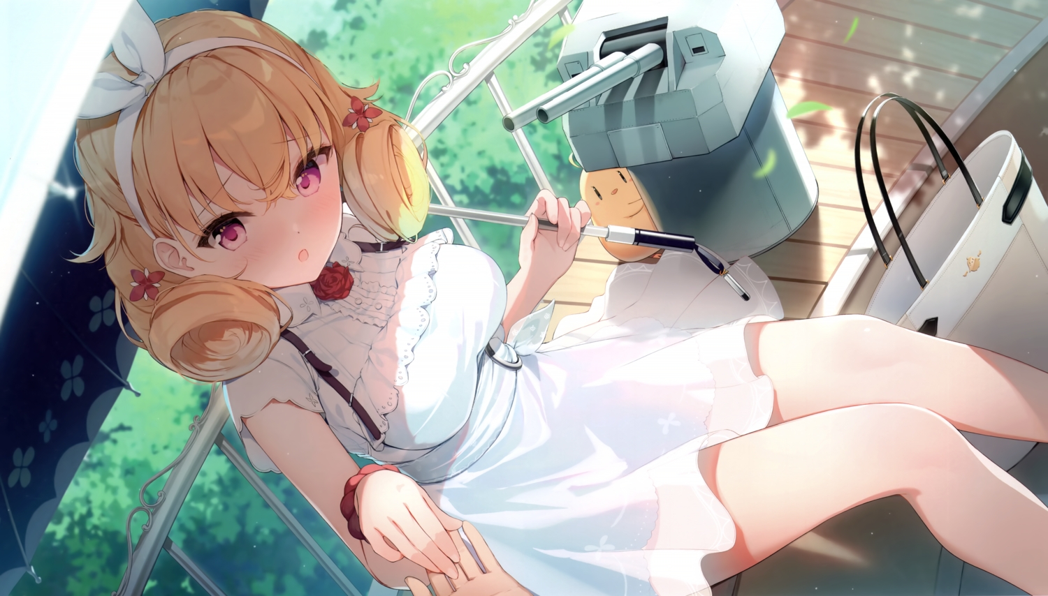 animal, anthropomorphism, azur_lane, bird, blonde_hair, carabiniere_(azur_lane), cropped, dress, headband, leaves, manjuu_(azur_lane), nijihashi_sora, purple_eyes, scan, twintails, umbrella