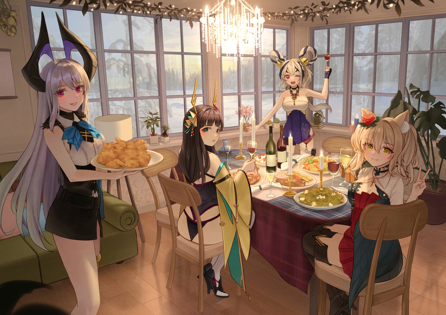 animal_ears, ass, blush, brown_hair, drink, echocalypse, food, gonzz_(gon2rix), gray_hair, green_eyes, group, horns, long_hair, pan_pan_(echocalypse), raeon_(echocalypse), red_eyes, tagme_(character), tree, wink, winter