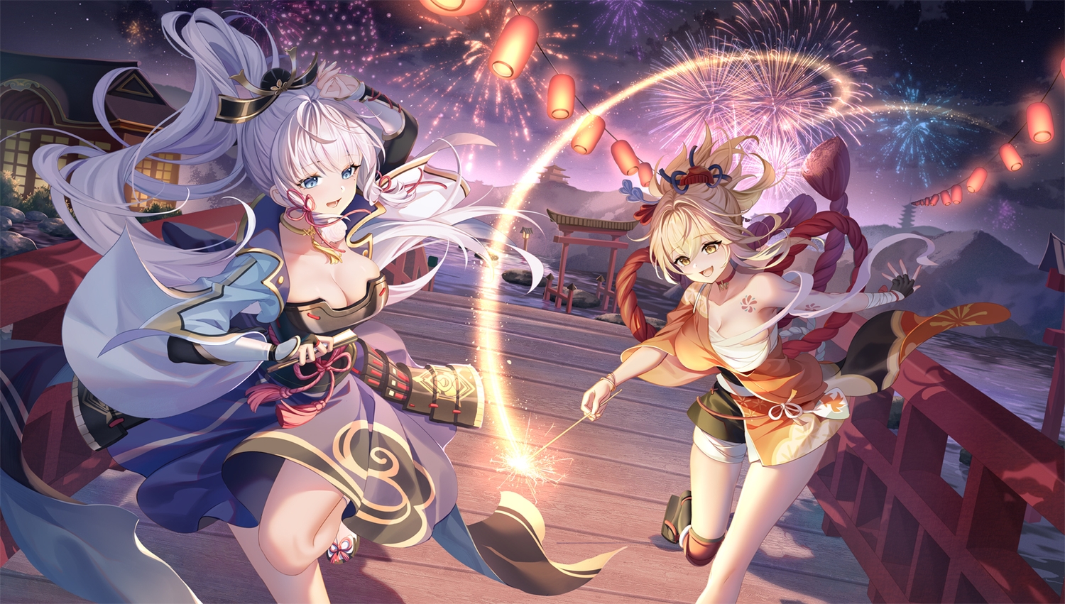 2girls, armor, bandage, blonde_hair, blue_eyes, breasts, cleavage, fireworks