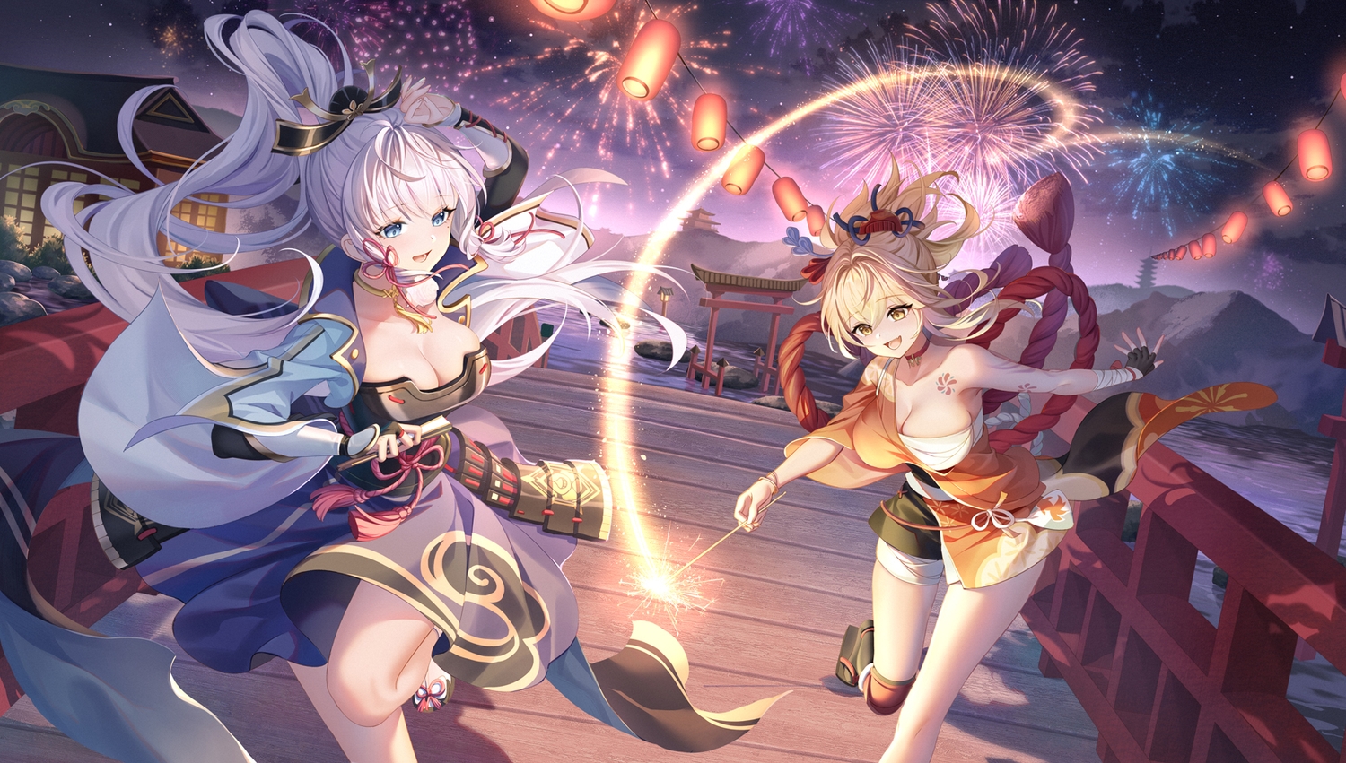 2girls, armor, bandage, blonde_hair, blue_eyes, breasts, cleavage, fireworks