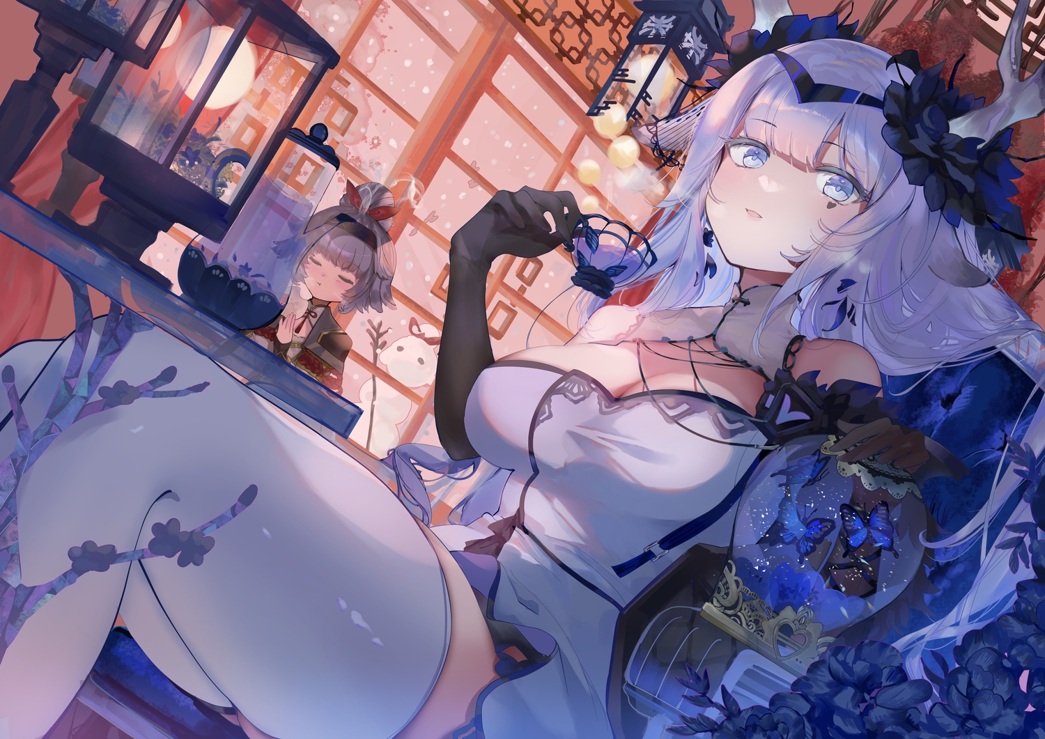 2girls, animal_ears, breasts, butterfly, cleavage, dress, drink, echocalypse, gray_eyes, gray_hair, hieno_hiro, horns, long_hair, shorts, tagme_(character), thighhighs, zawa_(echocalypse)