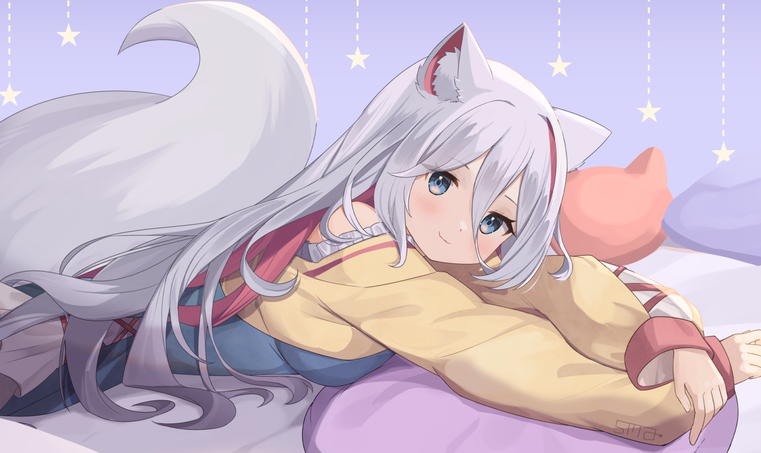 animal_ears, bed, blue_eyes, blush, cat_smile, dress, fang, goma_(u_p)