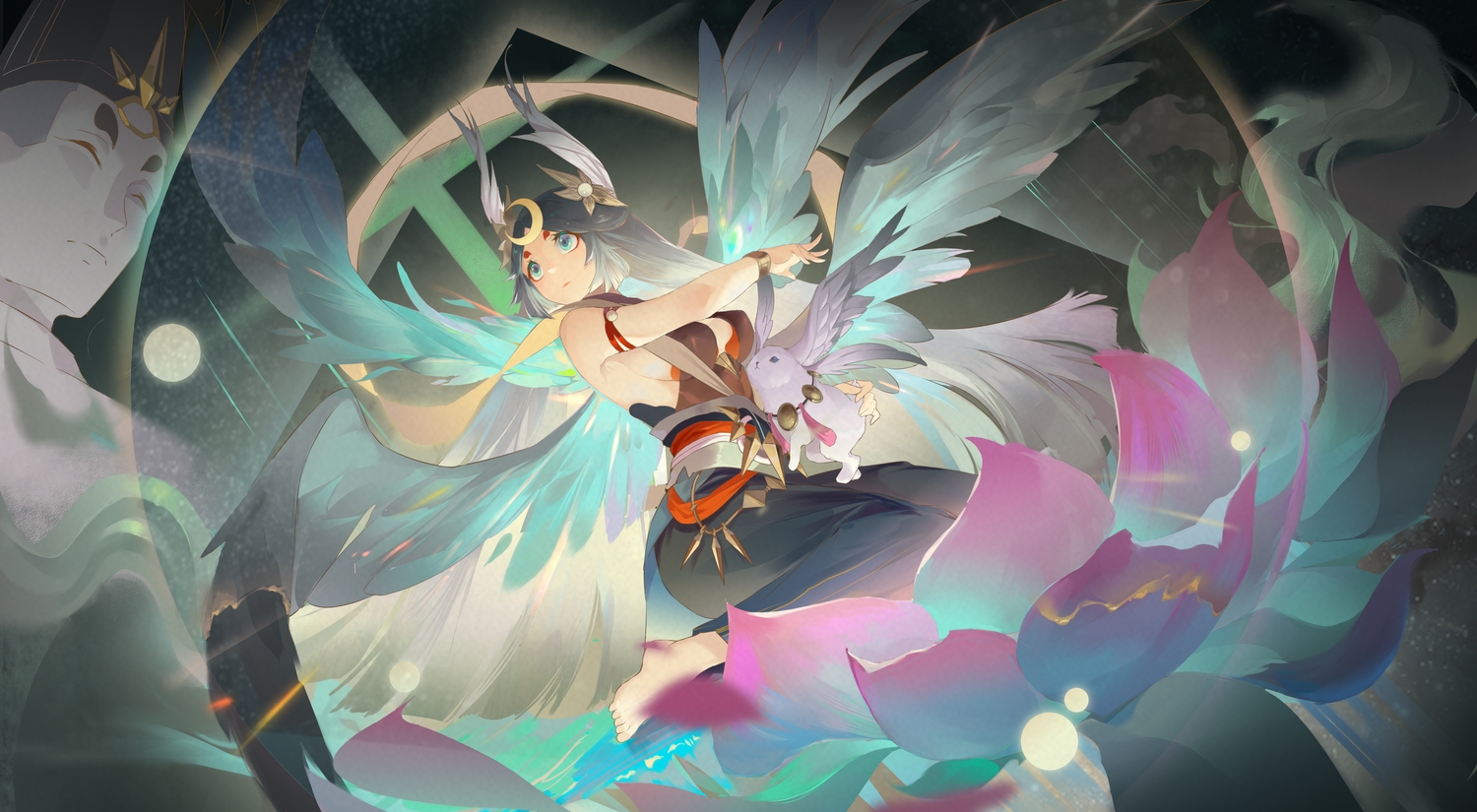 aqua_eyes, barefoot, flowers, kaguyahime_(onmyouji), long_hair, no_bra, onmyouji, petals