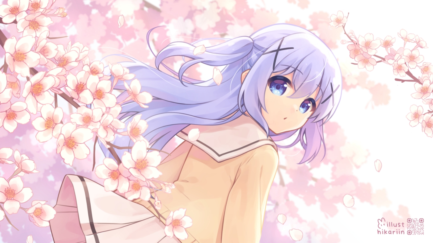 blue_eyes, flowers, gochuumon_wa_usagi_desu_ka?, hikariin25, kafuu_chino, long_hair, purple_hair, school_uniform, skirt, watermark