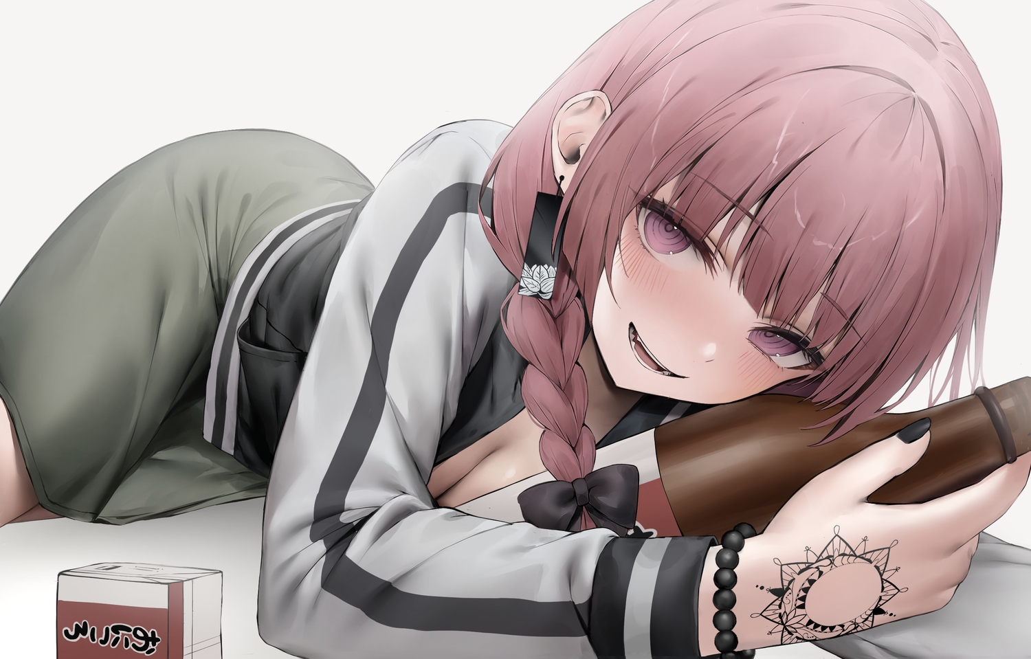 bocchi_the_rock!, braids, drink, hibimaru, hiroi_kikuri, long_hair, purple_eyes, red_hair, skirt, tattoo, twintails, wristwear