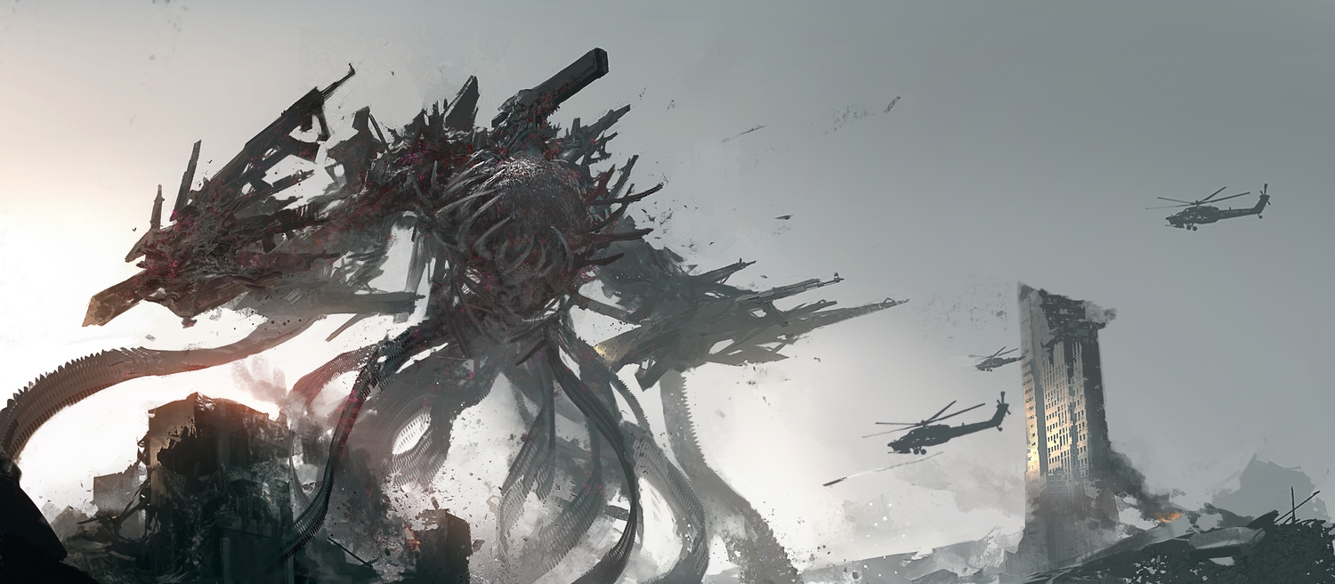 aircraft, building, chainsaw_man, city, gun, gun_devil_(chainsaw_man), leo-dont-want-to-be-a-painter, ruins, sky, weapon