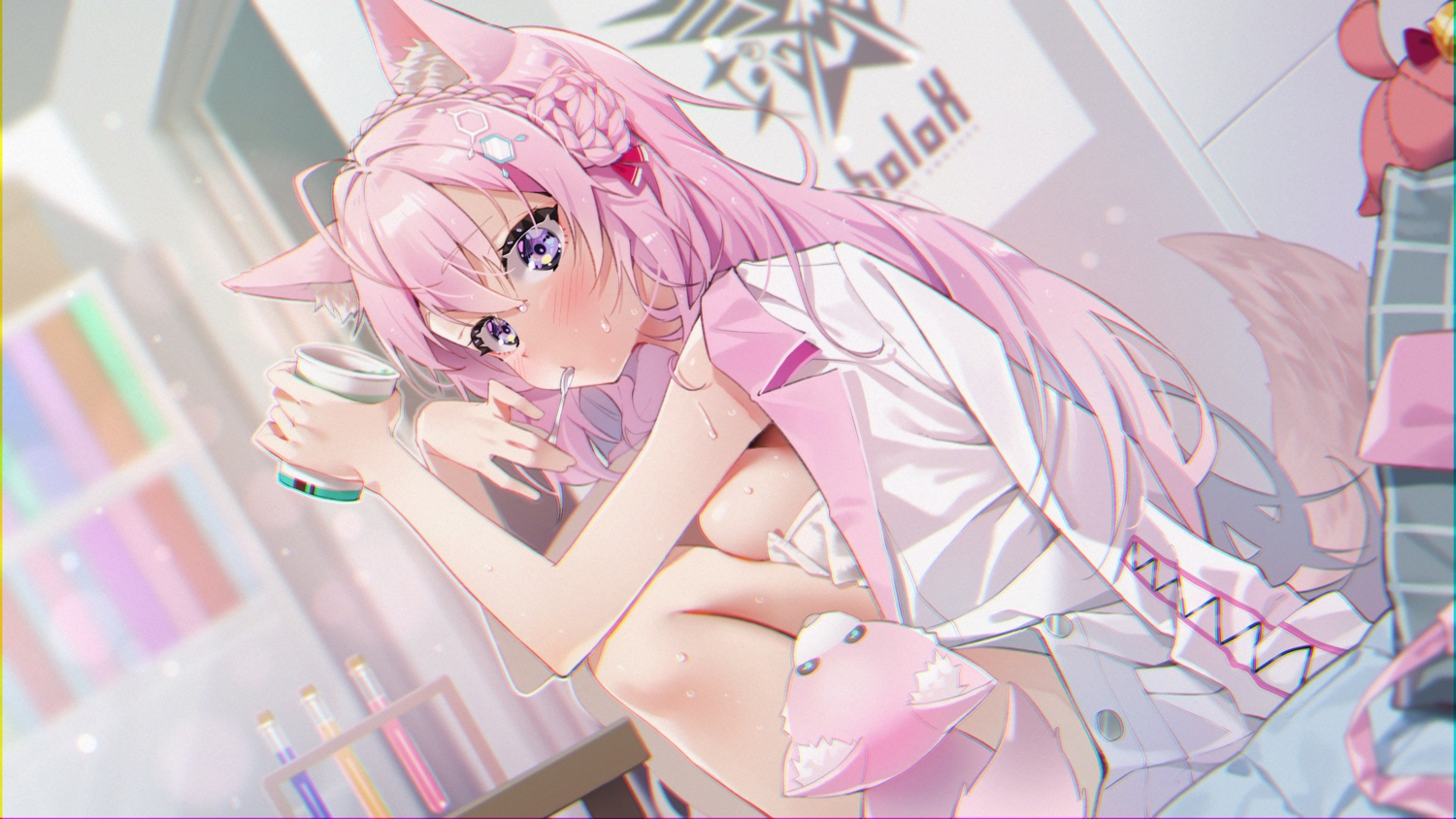 agnamore, animal, animal_ears, braids, breasts, food, hakui_koyori, hololive