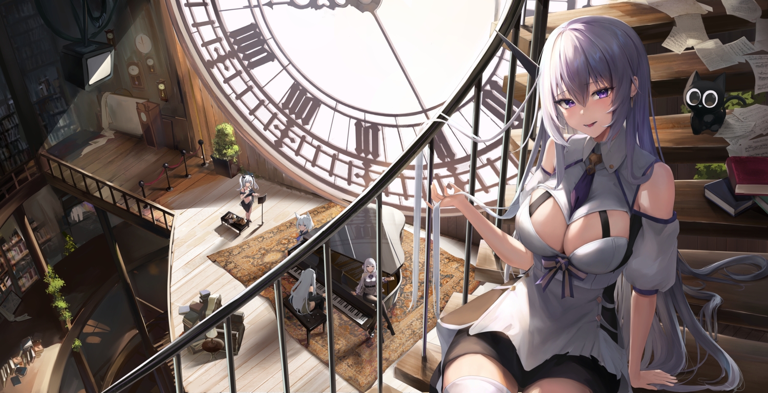 animal, animal_ears, aoi_13, book, cat, dress, gray_hair, group