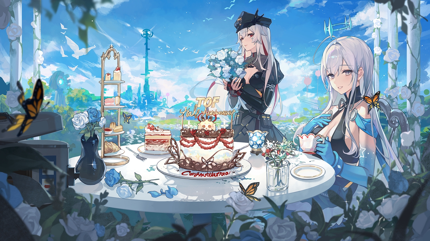 2girls, butterfly, cake, claudia_(tower_of_fantasy), clouds, drink, flowers, food