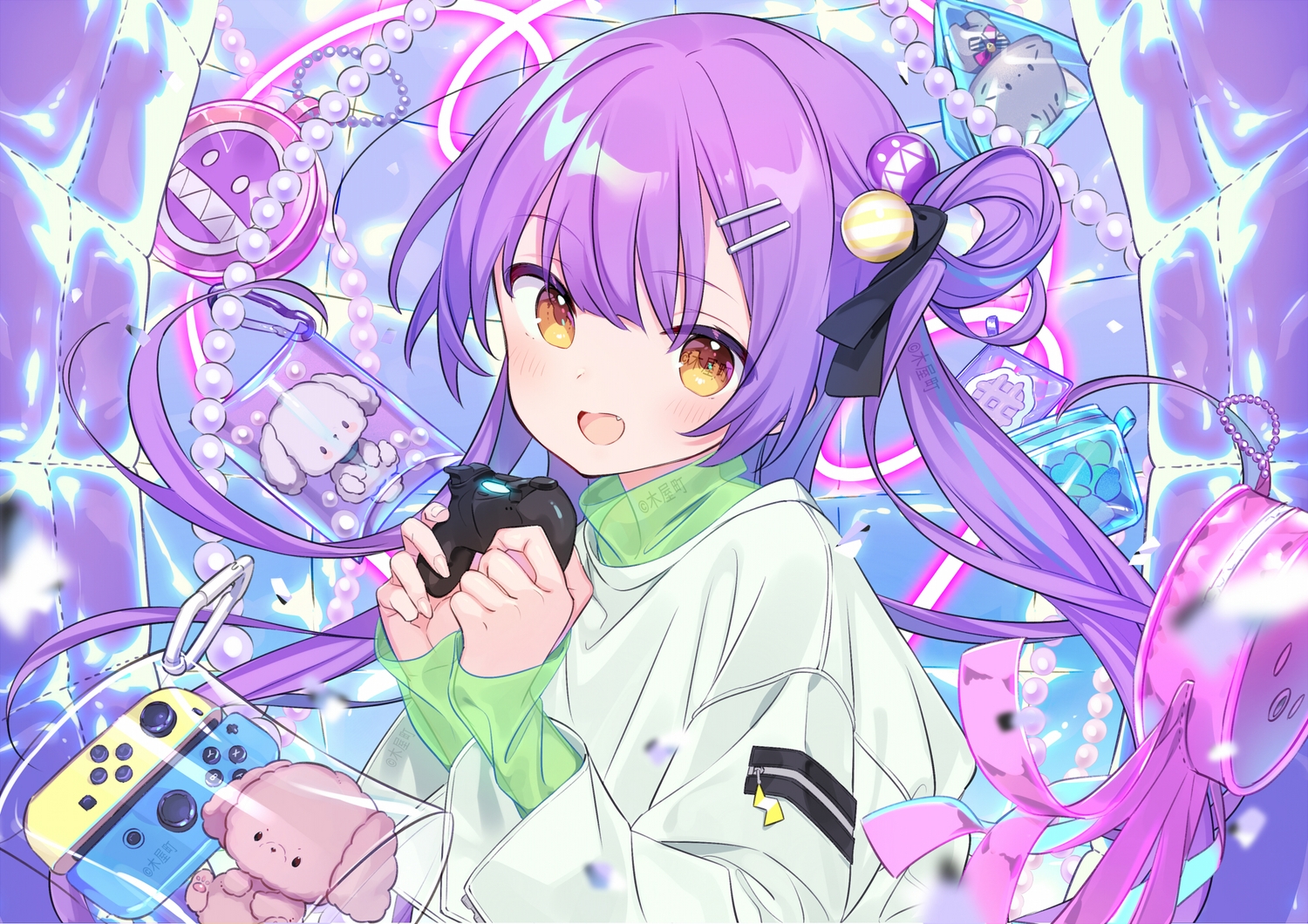 blush, doll, fang, game_console, hinomori_anzu, hood, kiya_machi, long_hair, purple_hair, ribbons, see_through, watermark, yellow_eyes